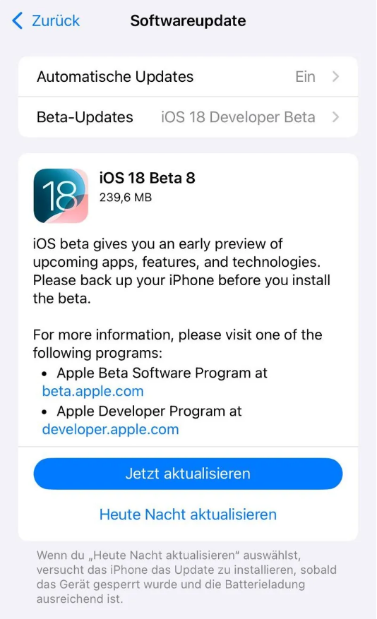 连江苹果手机维修分享苹果 iOS / iPadOS 18 开发者预览版 Beta 8 发布 